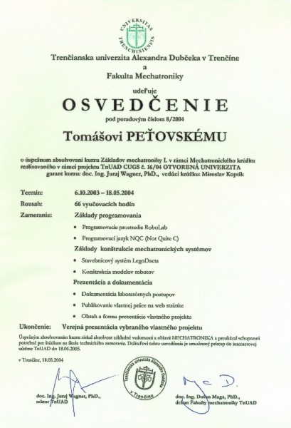 Tom Peovsk, 9.C - osvedenie Trenianskej univerzity